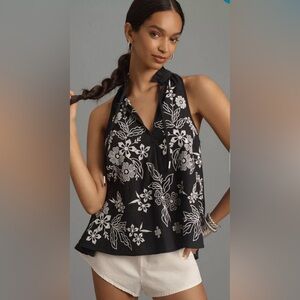 Pilcro The Tavi Tank Black White Embroidered Linen Blend XS Oversized Boho